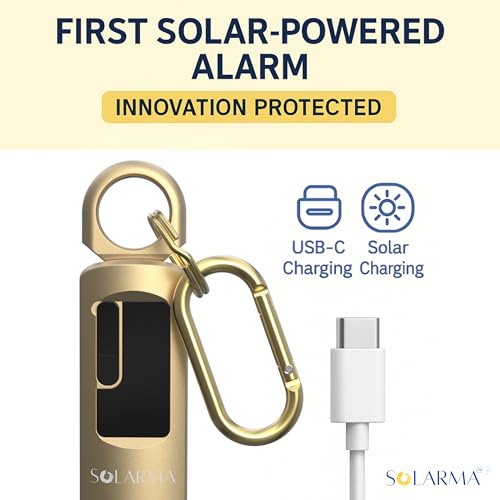 HerTime2 Personal Safety Alarm for Women - Loud Self Defense Siren, Waterproof Keychain with Strobe Light - Solar Rechargeable, Gold - color: Gold, style: Solar Rechargeable