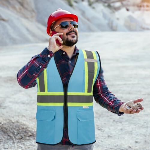 High Visibility Reflective Safety Vest with Zipper and Pockets Sky Blue,M - color: Sky Blue, size: Medium