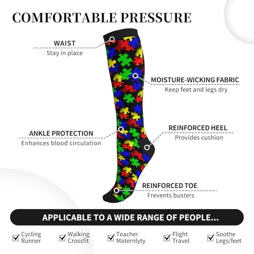 Crazy Fun Compression Socks, Unisex Knee High Support Socks - color: Colorful Puzzle