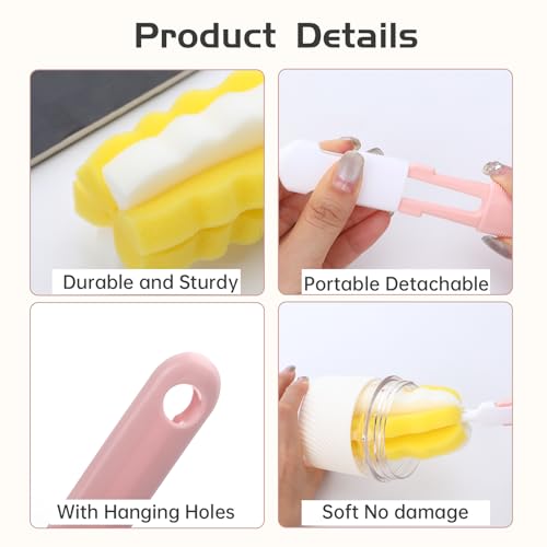 4Pcs Bottle Brush Sponge, Cup Water Bottle Sponge Brush Cleaner(4Pcs+2Head) - color: Multicolor(4pcs+2 Heads)