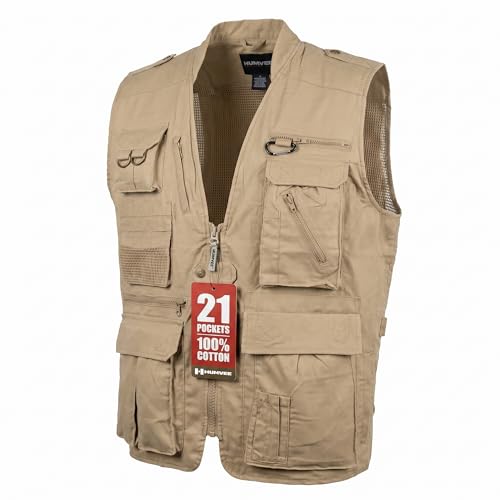 Humvee Utility Vest with 21 Pockets -Travel, Safari, Hunting, Camping, 100% Cotton, Tactical Jacket for Men & Women - color: Khaki, size: Medium