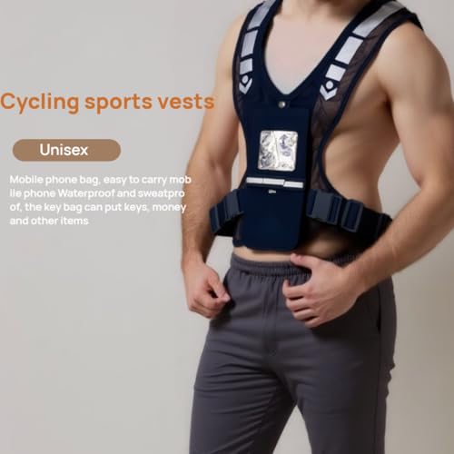 Reflective Cycling Running Vest with Waterproof Phone Pocket, Unisex Breathable Terylene Athletic Gear, Adjustable Waist Heat Dissipating Safety Vest for Night Jogging Bike Workout