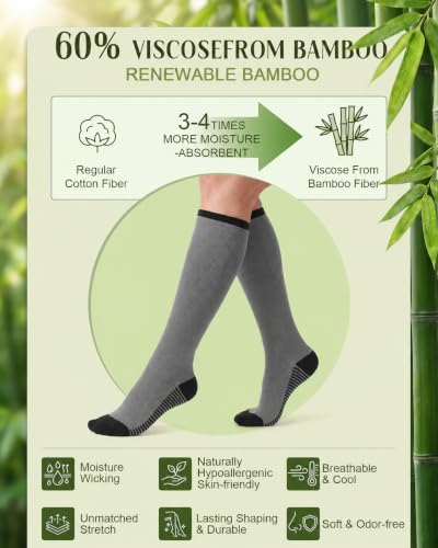 Bamboo Viscose Compression Socks|4Pairs 15-20mmHg Knee High Socks - color: Black, size: Large-X-Large