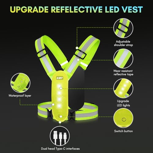 XMT LED Running Vest, High Visibility Rechargeable Adjustable Led Vest with Adjustable Waist and Shoulder, Reflective Cycling Gear Yellow