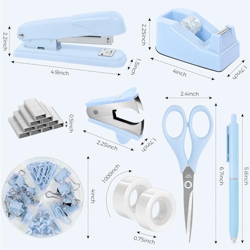 SKYDUE Blue Office Desk Accessories, Stapler and Tape Dispenser Set,10PCS - color: Blue