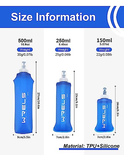 WRELS TPU Soft Flask Lightweight Portable Reusable Water Bottle,BPA Free Collapsible Flask for Hydration Pack in Running Hiking Cycling and Marathon - color: Dark Blue-500ML*2