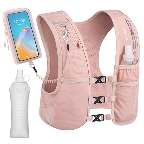 MOKURA Running Vest for Women Men with 500ML Soft Flask & Phone Holder - color: Pink, size: Small