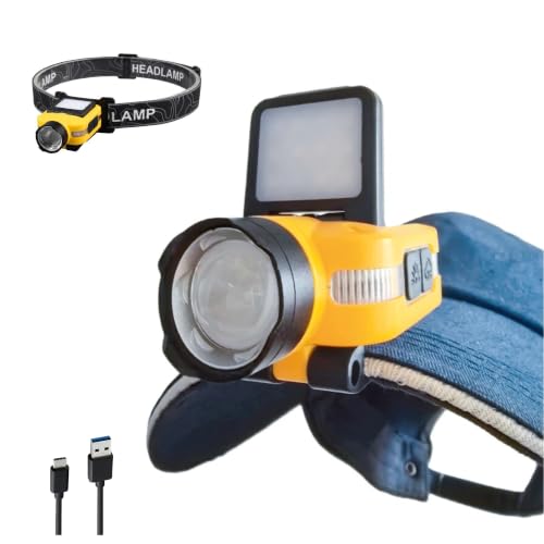 Cap Lights Clip on Hat Rechargeable LED Headlamp, Motion Sensor, Zoomable COB Flood & Spotlight, IPX4 Waterproof, Digital Battery Indicator, Hands Free Flashlight for Outdoor Use