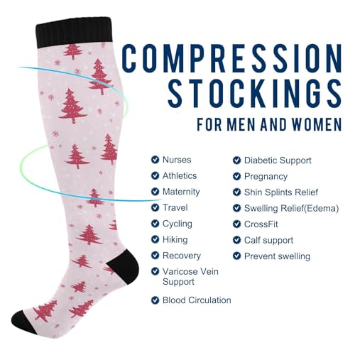 Snowflake Red Christmas Compression Sock for Women Men Funny Support Knee High Socks Running,Nurses,Travel - color: Christmas Pink Tree