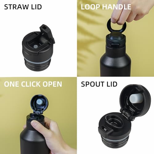 BJPKPK 25oz Insulated Thermal Water Bottle, Straw & Handle, Stainless Steel - color: Black, size: 25 Ounces