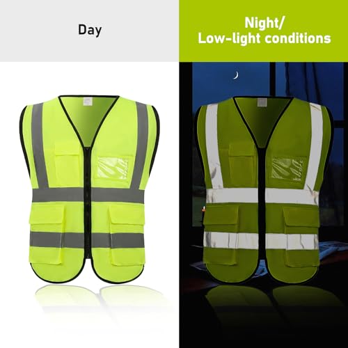 High Visibility Safety Vest with Pockets and Zipper, 1 Pack 5 Pack - color: Yellow-green, size: Large