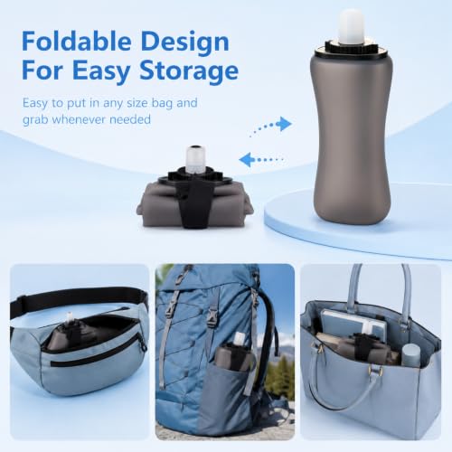 Handheld Running Water Bottle 350ml, Collapsible Silicone Water Bottle with Strap, Leak-Proof, for Running, Hiking, Cycling, Travel (Blue) - color: Blue
