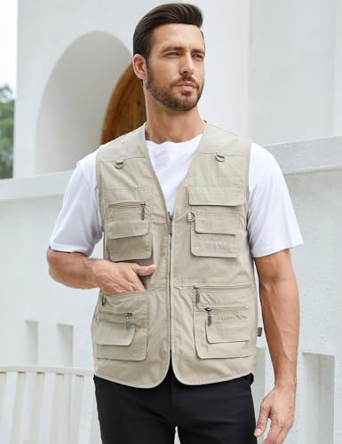 Gihuo Men's Fishing Vest Utility Safari Travel Vests with Multi Pockets - color: Beige, size: XX-Large