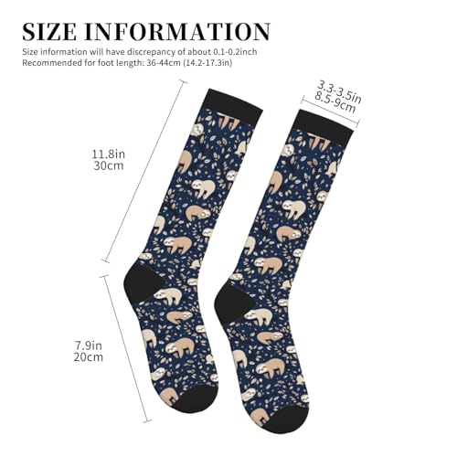 Patterned Knee High Socks for Women Men Athletic Running Travel Work - color: Sloth Tree Leaf Navy Blue