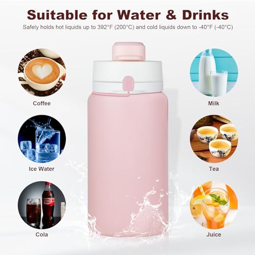 PLTCAT Collapsible Water Bottles, 19oz Foldable Silicone Travel Bottles - color: Pink