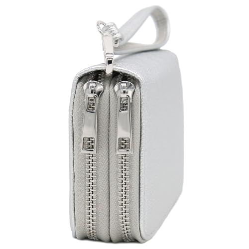 FashionPuzzle Double Zip Around PU Leather Wristlet Cell Phone Wallet - color: Silver