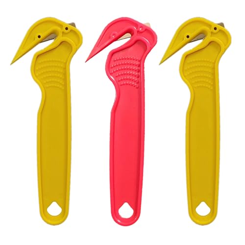 3PCS Safety Box Cutter Utility Knives Set, Film Cutter with Sharp Durable Steel Blade, Safe Efficient Cutting Tool for Shrink Wrap, Stretch Wrap, Tape & Plastic Straps,2Yellow 1Red