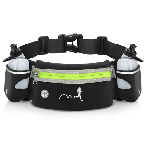 Hydration Running Belt with Water Bottles(2 x 300ML), Luckit Nylon Webbing Running Waist Bag Reflective Bum Bag Adjustable Sports Waist Pouch for Marathon Running Hiking Camping Jogging (Green) - color: Green
