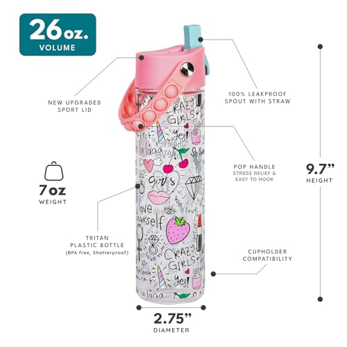 Elemental Splash 26oz Tritan Plastic Water Bottle with Straw & Pop-It Strap - color: Girl Power, size: 26 Ounces