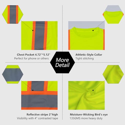 VENDACE Men's High Vis Safety Work T Shirt ANSI Class 2 Reflective Long Sleeve Shirt with Pocket(Yellow,2XL) - color: Yellow, size: XX-Large