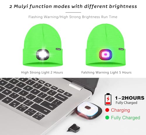 ATNKE LED Lighted Beanie Hat,USB Rechargeable 4 LED Red and Blue Flashing Running Headlamp Cap Gifts for Men and Women - color: #Fluorescent Green