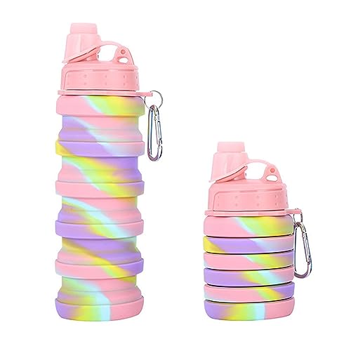 Collapsible Water Bottles Travel water bottle Sports Portable Sport Water Bottle Reusable Water Bottles comes with mountaineering Buckle 500ml silicone Water-proof camping water bottle - color: Pink+Pink camouflage, style: 2 pack