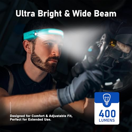 Nessciera Rechargeable LED Headlamp (Blue), 400 Lumens, 230° Wide Beam, USB-C, IPX4, 5 Modes — Lightweight, Adjustable Headband; Hard Hat Clips for Camping, Hiking, Running & Repairs, Gift - color: Blue
