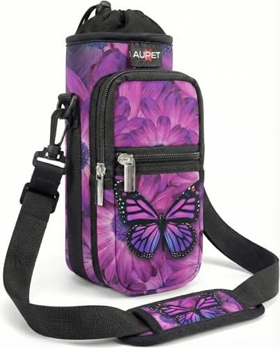 AUPET Water Bottle Sling Bag Sleeve Holder Carrier 25/32/40/64 oz,Insulated Crossbody Water Bottle Case Cover with Strap and Pockets for Men/Women Walking Hiking - color: purple butterfly flower, size: 40oz
