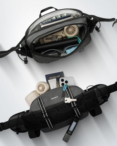 WATERFLY Large Hiking Fanny Pack: 3L Waist Bag with 2 Bottle Holders for Women Men - 9 Pockets & Adjustable Belt Lumbar Hip Packs for Travel Running Cycling Camping Workout (Bottles Not Included) - color: Gray-black