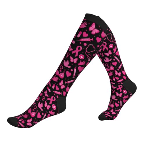 Tie Dye Compression Socks Knee High Support Socks For Women Men Running Athletic Hiking - color: Breast Cancer