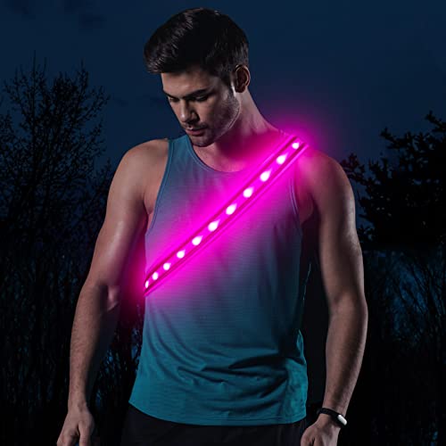 BSEEN LED Running Waist Belt - USB Rechargeable Reflective Glowing LED Waistband, Flashing Safety Light Belt for Runners, Joggers, Walkers, Pet Owners, Cyclists - color: Candy Pink