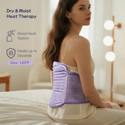 Heating Pad for Period Cramps, Upgraded Wrap Heating Pad for Back Pain Relief, Large 12''x 24''Heat Pad +26" Belt Adjustable 4 Timer 6 Heat Level Auto Shut Off, Christmas Birthday Gifts for Women Mom - color: Light Purple