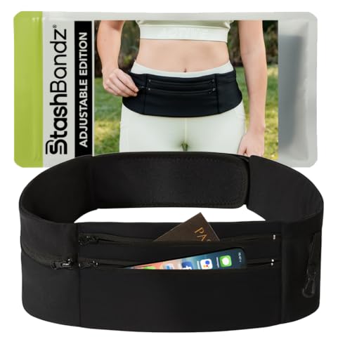 StashBandz Running Belt & Money Belt, 3 Zipper Pockets + Bottle Holder - size: Large