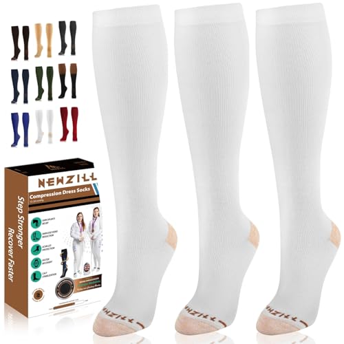 NEWZILL Copper Compression Dress Socks for Women & Men, 15-20 mmHg - color: [3-pairs] White, size: Small-Medium