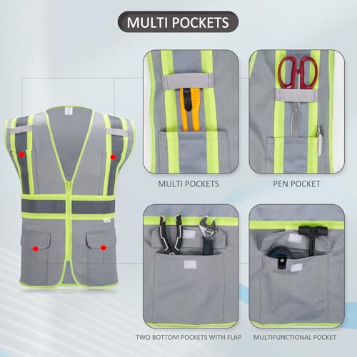High Visibility Reflective Safety Vest with Zipper and Pockets Grey,M - color: Grey, size: Medium