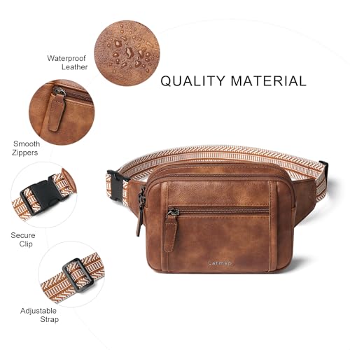 LATMAP 3L TRIPLE ZIP Fanny Packs Belt Bag For Women Men Crossbody Waist Pack Sling Chest Bum Travel Bag Purse Faux Leather Fashion Cute Brown - color: Brown