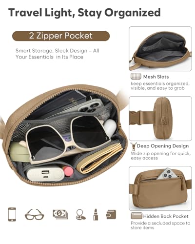 Pritent Fanny Packs for Women Crossbody Belt Bag With Zipper Back Pocket - color: Khaki, size: Small