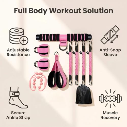 Pink Pedal Resistance Band with Handle, 4 Tubes & Ankle Cuffs - color: Light Pink