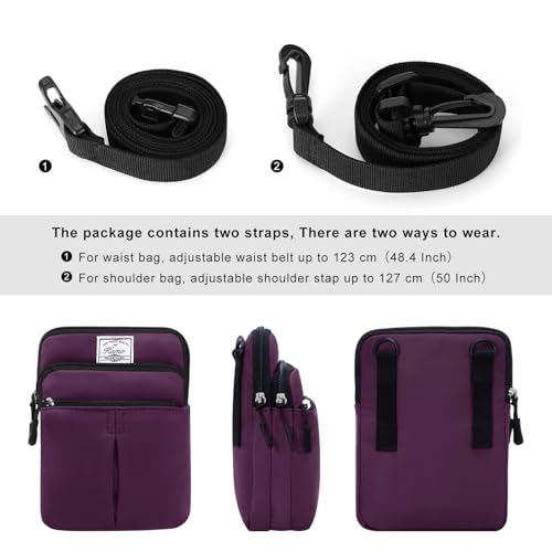 KAMO Multifunction Phone Waist Bag - Diagonal Cross Body Smart Phone Case - Outdoor Bag with Triple Zip - Hipster Crossbody Purse for Women & Men - color: Dark Purple