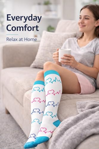 Aoliks 6 Pairs Compression Socks for Women & Nurses, Flying Knee High Socks - color: 02 Black/White/Heart, size: Small-Medium