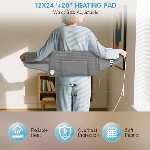 COCOBELA Heating Pad for Back, 12x24 Pad+20" Belt, Gray, Men & Women Gift - color: Gray