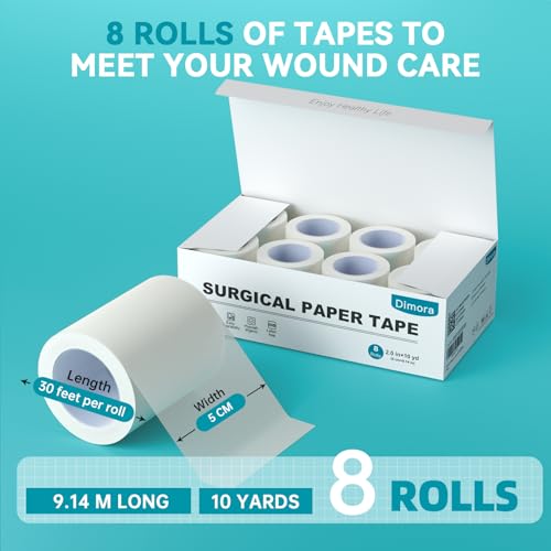 Dimora Paper Medical Tape 8 Rolls- Hypoallergenic White Surgical Tape for Sensitive Skin，Breathable First Aid Wound Tape with Pain-Free Removal，Secures Dressing and Medical Devices -2" x 10 Yards - color: White-Paper Tape 8 Rolls 2" x 10yd