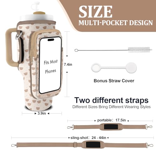 Stanley Carrier Bag for Stanley 40oz/30ozTumbler with Phone with 2 Adjustable Strap,3 Pockets Bottle Stanley Cup Carrier Bag & Case,Accessories for Hiking Travelling - color: Cut Bear