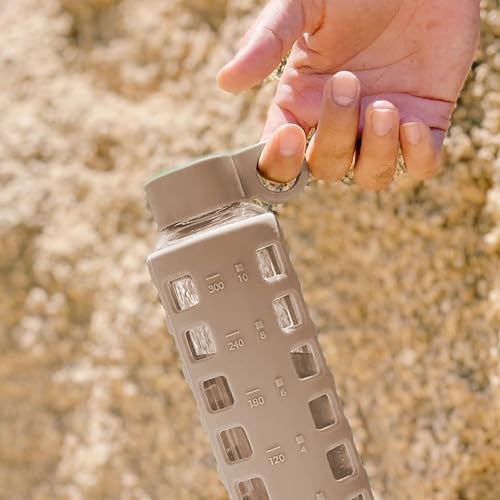purifyou Replacement Cap for 40, 32, 22, 12 oz Reusable Glass Water Bottle with Time & Volume Markings, Non-Slip Silicone Sleeve, Stainless Steel Lid Insert, Sports Bottle for Water, Juice (Hazelnut) - color: Hazelnut