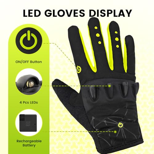 Full Finger Rechargeable 4 LED Flashlight Cycling Gloves for Men Gifts - color: Green, size: Xlarge