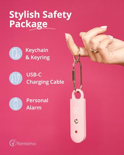 Vantamo Personal Alarm for Self Defense with Low Battery Notice, Strobe Light & Extra Loud 130 dB Double Speakers Safety Keychain Set for Women, Rechargeable Panic Button for Womens Self Defense - color: Light Rose