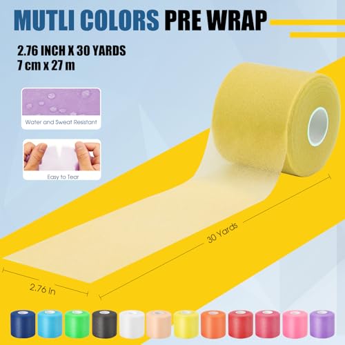 Pre Wrap Athletic Tape 2 Pack, 2.76 Inch x 30 Yards Foam Underwrap, Yellow - color: Yellow