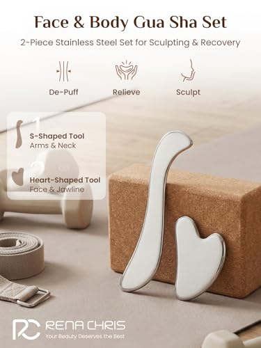 Rena Chris Gua Sha & Muscle Scraper Tool, Stainless Steel Face & Body Gua Sha Set for Lymphatic Drainage & Deep Tissue Massage, Travel Pouch & Guide Included (2-Piece Kit)