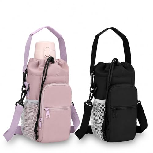 2 Pack Water Bottle Holder Bag with Strap for 30-40 Oz Bottles - color: black and purple