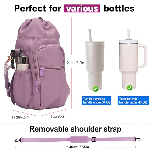 Wongeto Water Bottle Holder with Strap,25oz/40oz/64oz Water Bottle Carrier Sling Bag with Phone Pocket Crossbody Adjustable Shoulder with Hand Strap for Walking - color: Purple